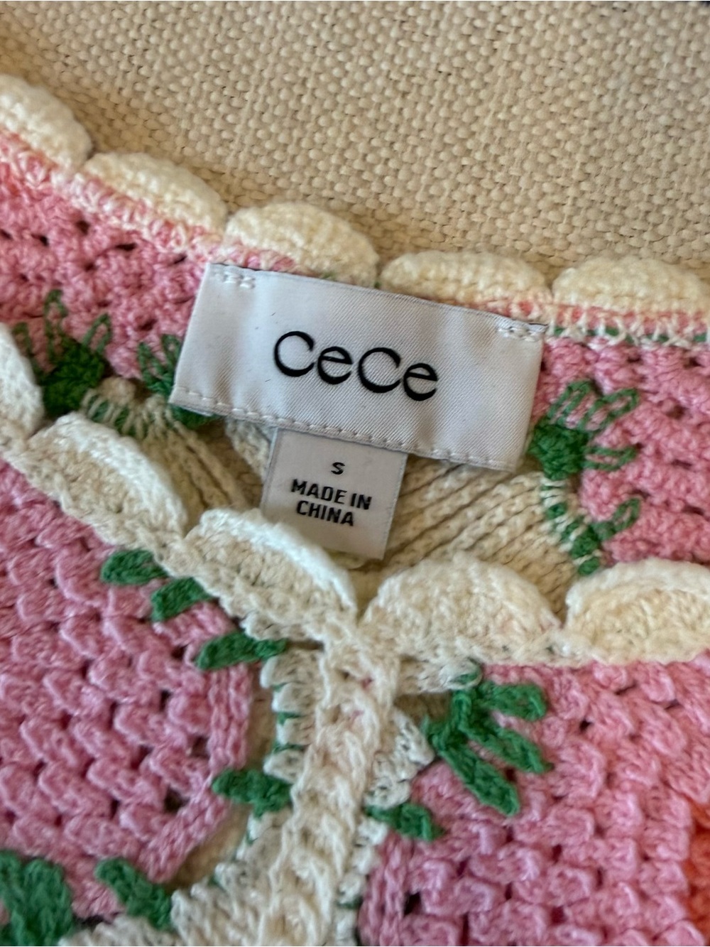 CeCe Pink & Cream Crochet Floral Tank Top with Green Accents - Picture 2 of 4